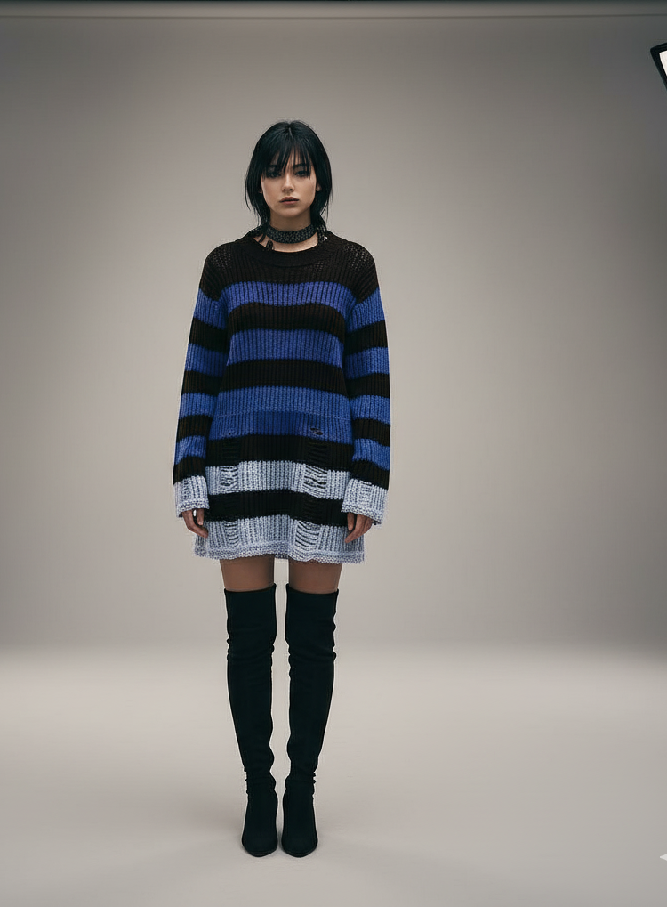 Rogue Stripes Distressed Sweater Dress