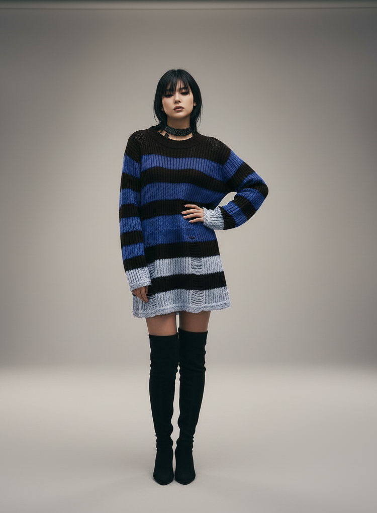 Rogue Stripes Distressed Sweater Dress