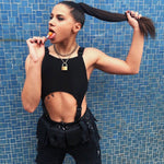 AetherLink Techwear Bodysuit - Bodycon bodysuit Goth Rave Outfits Cut-out Design Buckle Detail