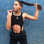 AetherLink Techwear Bodysuit - Bodycon bodysuit Goth Rave Outfits Cut-out Design Buckle Detail