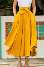 Sunset Bliss High Waist Maxi Skirt - High Waist A-Line Pleated Slim Bow Belt Ankle-Length