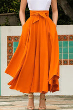 Sunset Bliss High Waist Maxi Skirt - High Waist A-Line Pleated Slim Bow Belt Ankle-Length