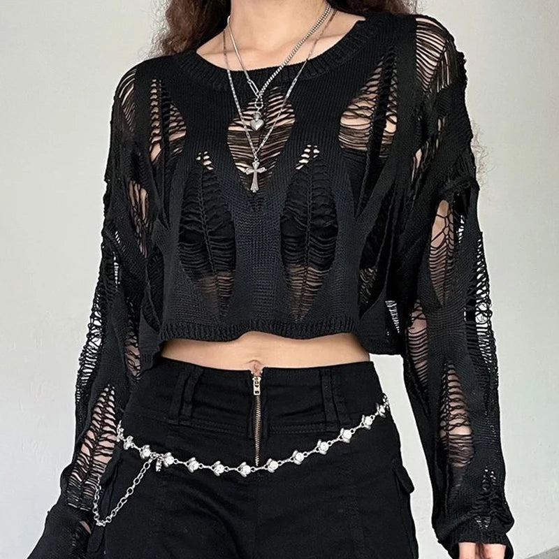 Nocturnal Weave Distressed Gothic Knit Top