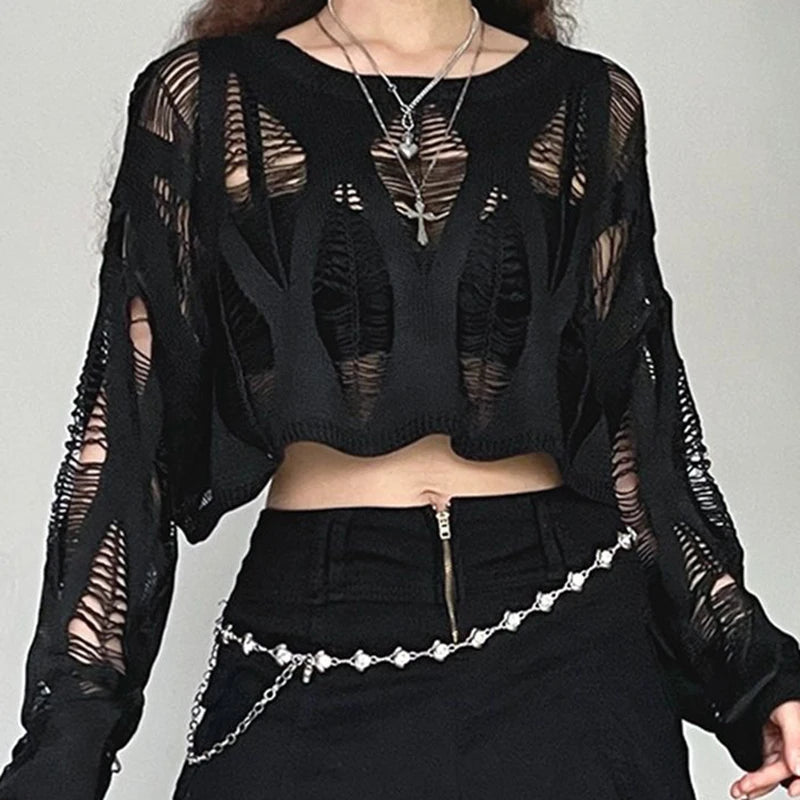 Nocturnal Weave Distressed Gothic Knit Top