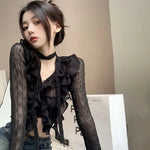 Midnight Ruffle Cascade Blouse- Y2k Crop Top Women Lace Blouses  Sexy Gothic Grunge Female Shirts Elegant Black Transparent Cardigan Korean Streetwear