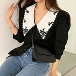 Elegant Floral Embroidery Puff Sleeve Blouse -  Dark Academia Korean Fashion Vintage Style Chic Office Wear Classic Aesthetic