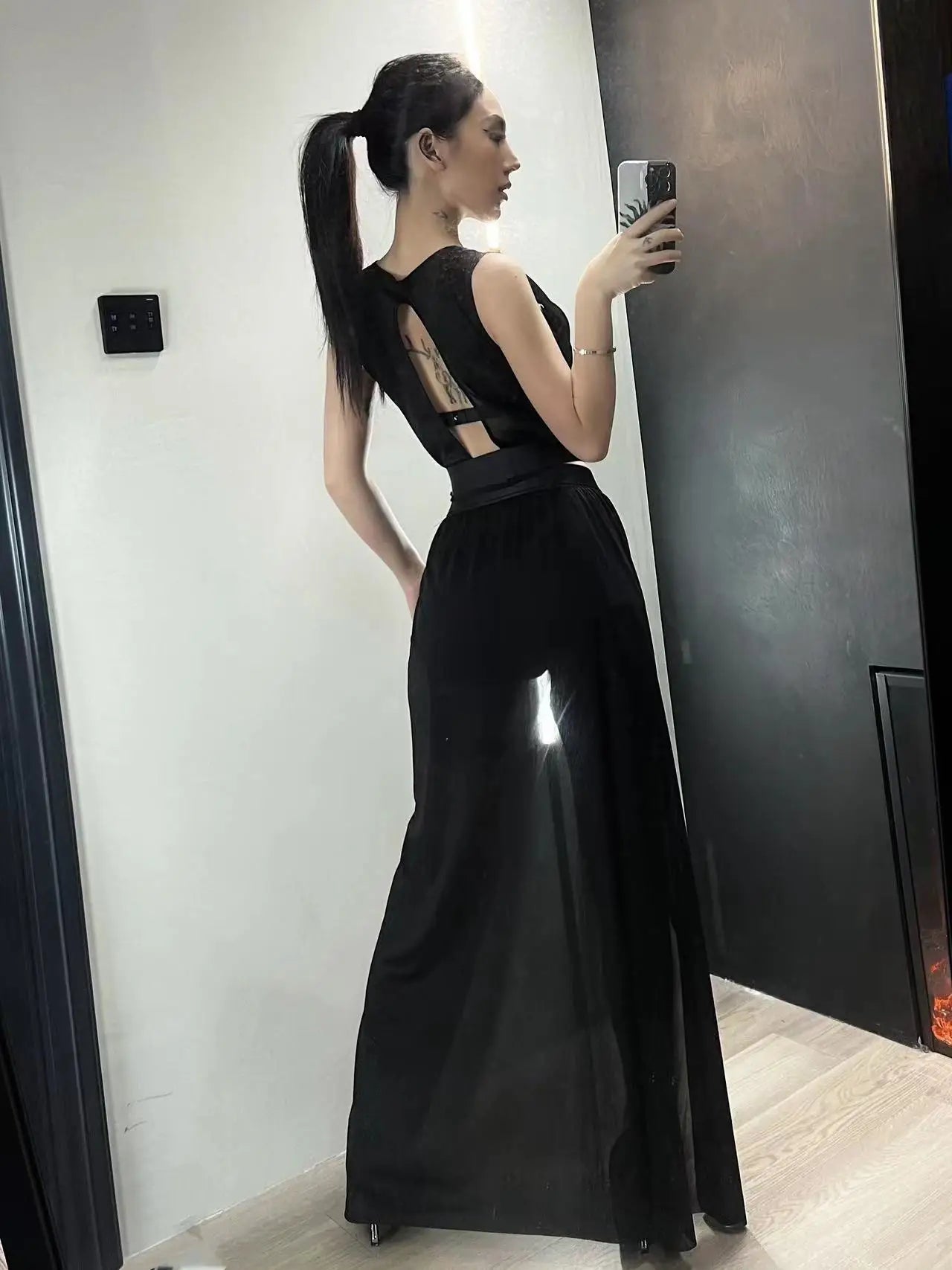 Shadow Siren Strappy Two-Piece Dress - Goth Club Mesh Sexy Summer Corsets Skirt Set Women Sleeveless Black Crop Bra Top Bandage Underpants Slit Skirt 4pcs Sets