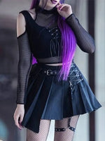 Shadow Siren Enchanted Mesh Illusion Top - AltGoth Gothic Mesh T-shirt Vintage Streetwear Punk Aesthetic Lace Up Patchwork Tee Tops Y2k Open Shoulder Emo Alt Clothes