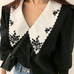 Elegant Floral Embroidery Puff Sleeve Blouse -  Dark Academia Korean Fashion Vintage Style Chic Office Wear Classic Aesthetic