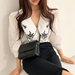 Elegant Floral Embroidery Puff Sleeve Blouse -  Dark Academia Korean Fashion Vintage Style Chic Office Wear Classic Aesthetic
