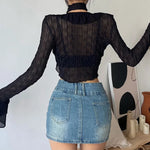 Midnight Ruffle Cascade Blouse- Y2k Crop Top Women Lace Blouses  Sexy Gothic Grunge Female Shirts Elegant Black Transparent Cardigan Korean Streetwear