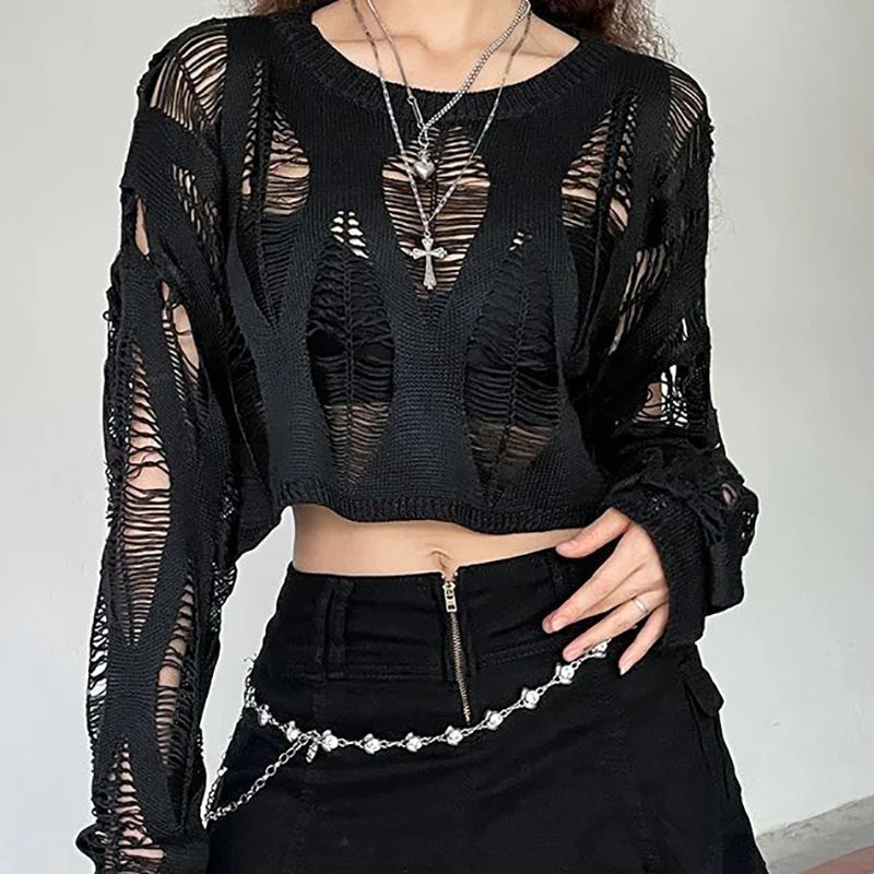 Nocturnal Weave Distressed Gothic Knit Top