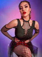 Shadow Siren Enchanted Mesh Illusion Top - AltGoth Gothic Mesh T-shirt Vintage Streetwear Punk Aesthetic Lace Up Patchwork Tee Tops Y2k Open Shoulder Emo Alt Clothes