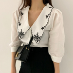 Elegant Floral Embroidery Puff Sleeve Blouse -  Dark Academia Korean Fashion Vintage Style Chic Office Wear Classic Aesthetic