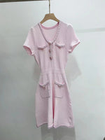 Dazzling Pink Knitted Mini Dress with Diamond Buttons Office Wear Elegant Stylish Comfortable Versatile Above Knee