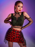 Shadow Siren Enchanted Mesh Illusion Top - AltGoth Gothic Mesh T-shirt Vintage Streetwear Punk Aesthetic Lace Up Patchwork Tee Tops Y2k Open Shoulder Emo Alt Clothes