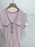 Dazzling Pink Knitted Mini Dress with Diamond Buttons Office Wear Elegant Stylish Comfortable Versatile Above Knee