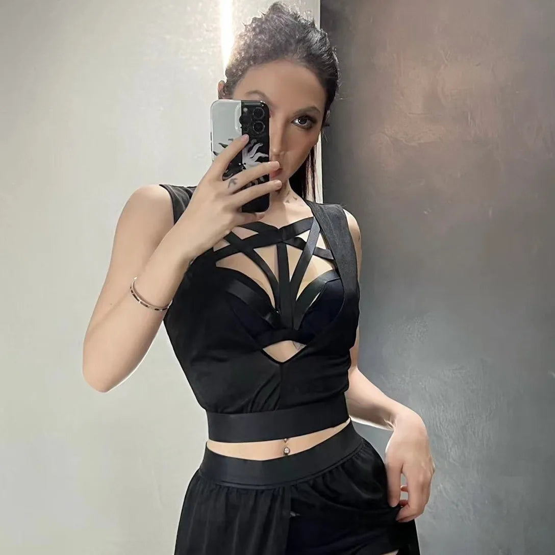 Shadow Siren Strappy Two-Piece Dress - Goth Club Mesh Sexy Summer Corsets Skirt Set Women Sleeveless Black Crop Bra Top Bandage Underpants Slit Skirt 4pcs Sets