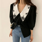 Elegant Floral Embroidery Puff Sleeve Blouse -  Dark Academia Korean Fashion Vintage Style Chic Office Wear Classic Aesthetic
