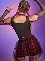 Shadow Siren Enchanted Mesh Illusion Top - AltGoth Gothic Mesh T-shirt Vintage Streetwear Punk Aesthetic Lace Up Patchwork Tee Tops Y2k Open Shoulder Emo Alt Clothes