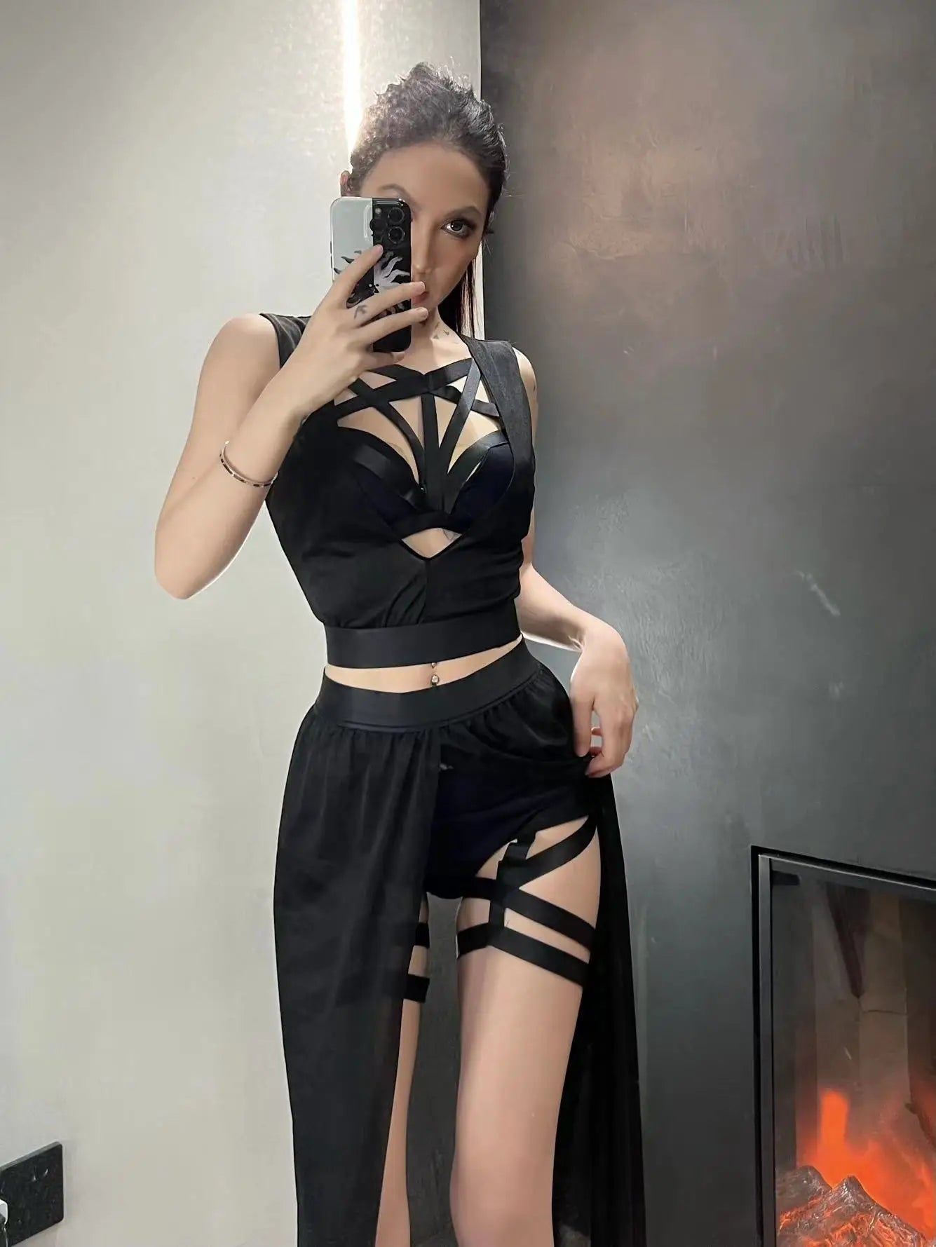 Shadow Siren Strappy Two-Piece Dress - Goth Club Mesh Sexy Summer Corsets Skirt Set Women Sleeveless Black Crop Bra Top Bandage Underpants Slit Skirt 4pcs Sets