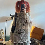 Webbed Whispers Tunic - Y2K Hollow Knit Hooded Tops Women Goth Spider Web Spice Girl Mesh Pullovers Female Korean Fashion Fishing Net Sweaters