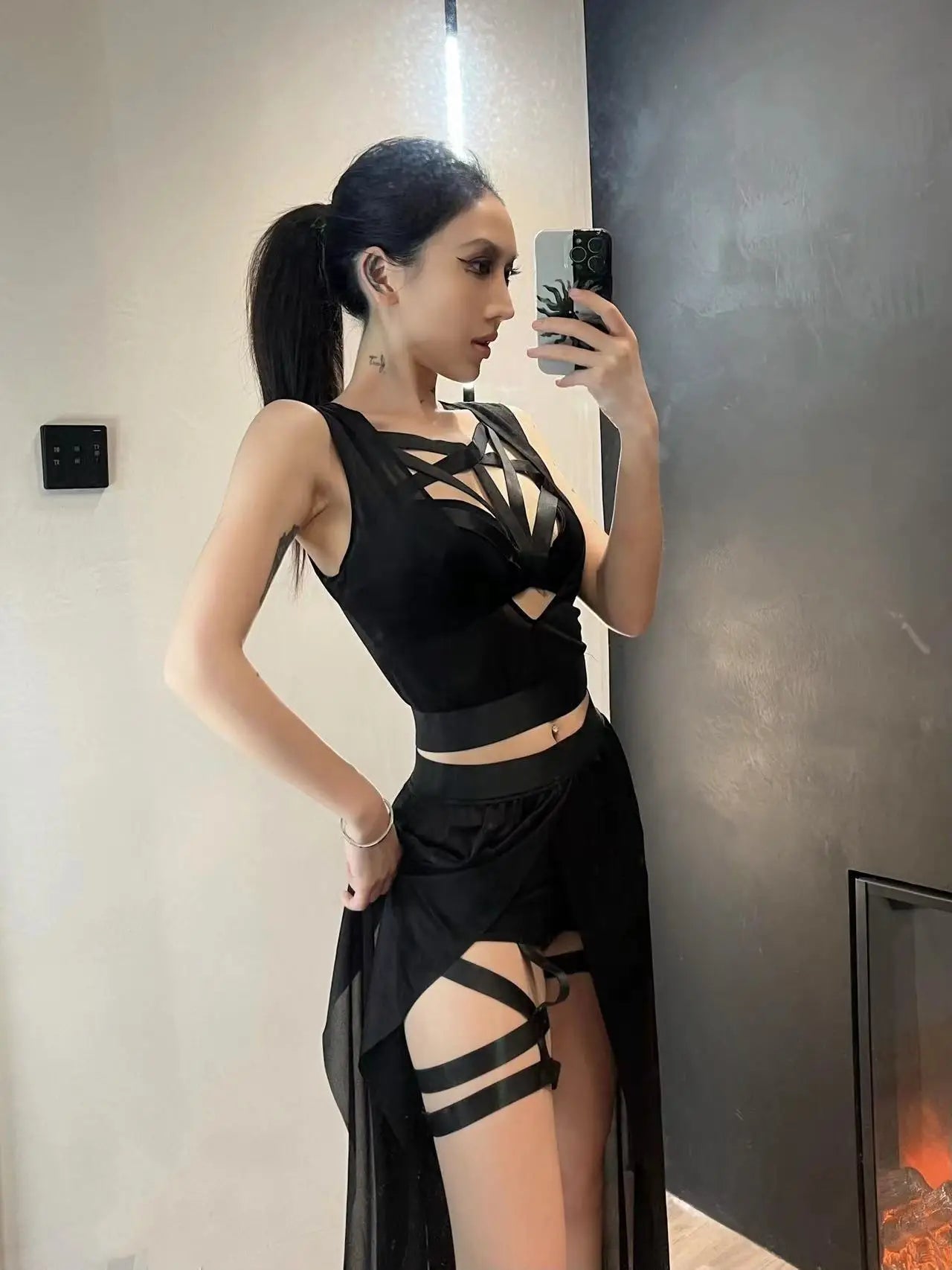 Shadow Siren Strappy Two-Piece Dress - Goth Club Mesh Sexy Summer Corsets Skirt Set Women Sleeveless Black Crop Bra Top Bandage Underpants Slit Skirt 4pcs Sets