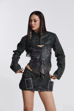 Y2K Revival Denim Mini Skirt with Bold Buckles -  Emo Vintage  Short Sexy Leather Fairy Grunge Lhigh  Waist Pu Leather A-line Skirt Alt Clothes