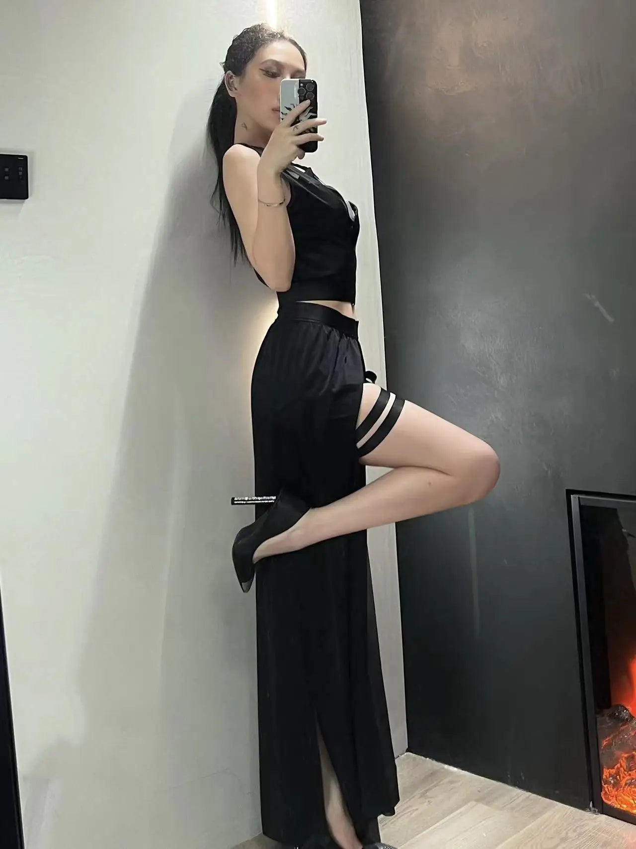 Shadow Siren Strappy Two-Piece Dress - Goth Club Mesh Sexy Summer Corsets Skirt Set Women Sleeveless Black Crop Bra Top Bandage Underpants Slit Skirt 4pcs Sets