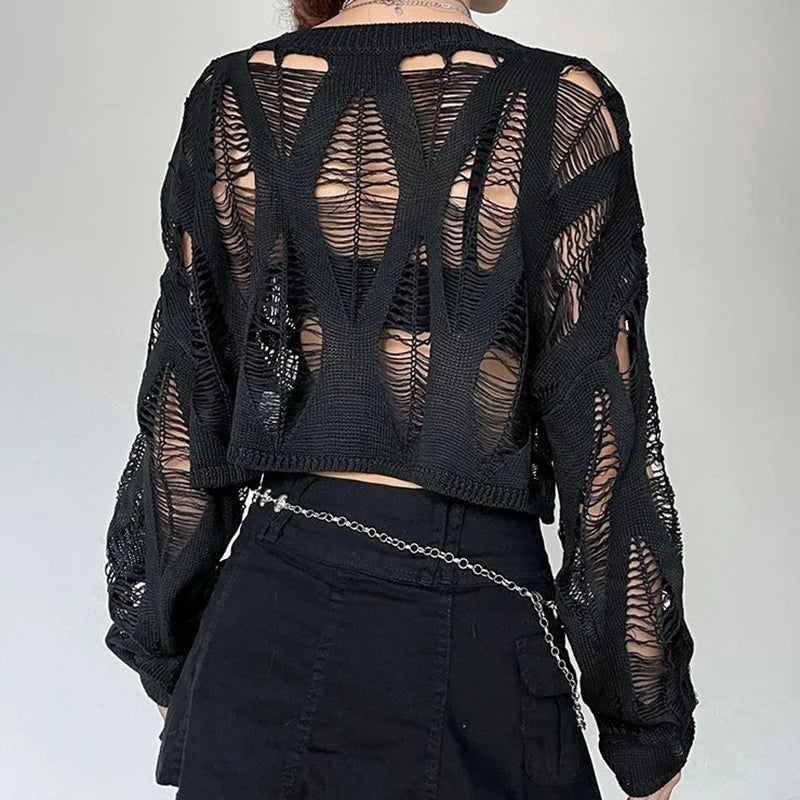 Nocturnal Weave Distressed Gothic Knit Top
