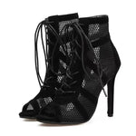 Nocturne Mesh Lace-Up Heels - Sexy High Heels Hollow Mesh Sandals Women Summer Cross-tied Peep Toe Heeled Sandals Ankle Strap Dance Shoes Black Net Sandals