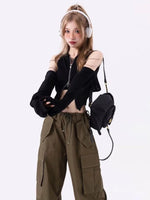 Midnight Silhouette Zipper Crop - Deeptown Y2k Harajuku Solid Crop Top Korean Streetwear Zipper T Shirts Off Shoulder black Tees Aesthetic Kpop