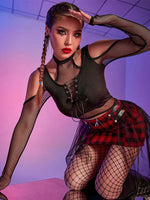 Shadow Siren Enchanted Mesh Illusion Top - AltGoth Gothic Mesh T-shirt Vintage Streetwear Punk Aesthetic Lace Up Patchwork Tee Tops Y2k Open Shoulder Emo Alt Clothes