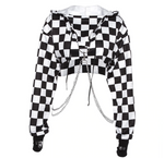 Women Plaid Casual Streetwear Sweatshirt Hoodie Crop Top Jumper Pullover Chain Stitching Short Loose Sweatshirt Plaid Shirt
