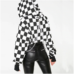 Women Plaid Casual Streetwear Sweatshirt Hoodie Crop Top Jumper Pullover Chain Stitching Short Loose Sweatshirt Plaid Shirt