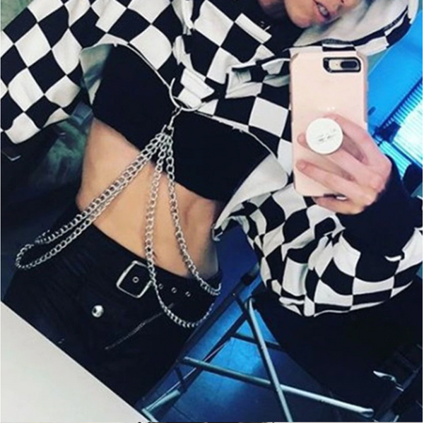Women Plaid Casual Streetwear Sweatshirt Hoodie Crop Top Jumper Pullover Chain Stitching Short Loose Sweatshirt Plaid Shirt