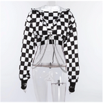 Women Plaid Casual Streetwear Sweatshirt Hoodie Crop Top Jumper Pullover Chain Stitching Short Loose Sweatshirt Plaid Shirt