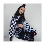 Women Plaid Casual Streetwear Sweatshirt Hoodie Crop Top Jumper Pullover Chain Stitching Short Loose Sweatshirt Plaid Shirt