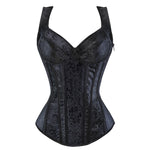 Enchantress Noir Gothic Corset-   Floral Jacquard Overbust with Straps a Steampunk Masterpiece