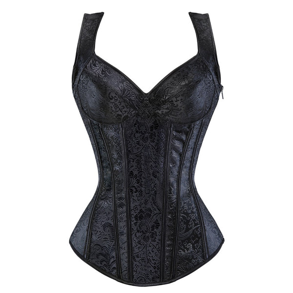 Enchantress Noir Gothic Corset-   Floral Jacquard Overbust with Straps a Steampunk Masterpiece