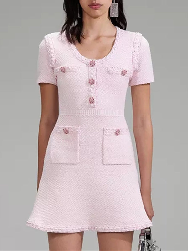 Dazzling Pink Knitted Mini Dress with Diamond Buttons Office Wear Elegant Stylish Comfortable Versatile Above Knee