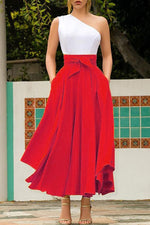 Sunset Bliss High Waist Maxi Skirt - High Waist A-Line Pleated Slim Bow Belt Ankle-Length