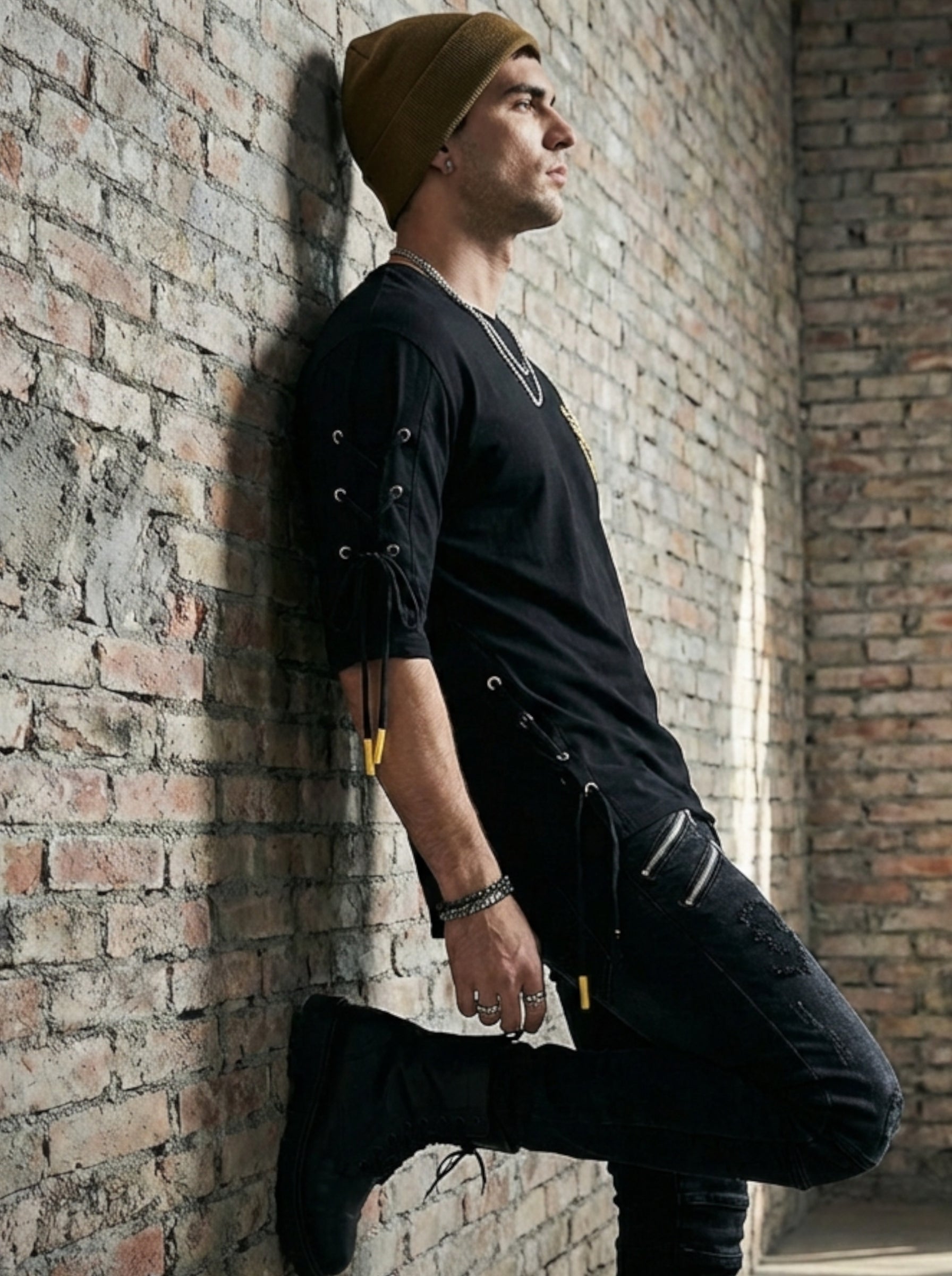 The Rebel Noir Set — Lace-Up Tee & Distressed Jeans