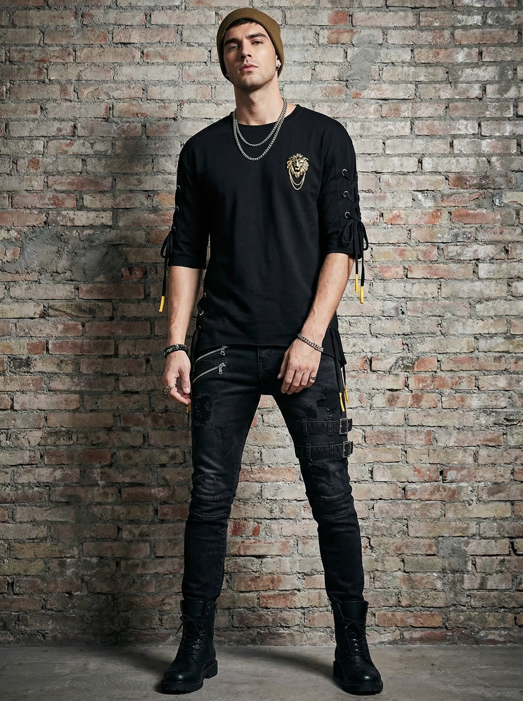 The Rebel Noir Set — Lace-Up Tee & Distressed Jeans