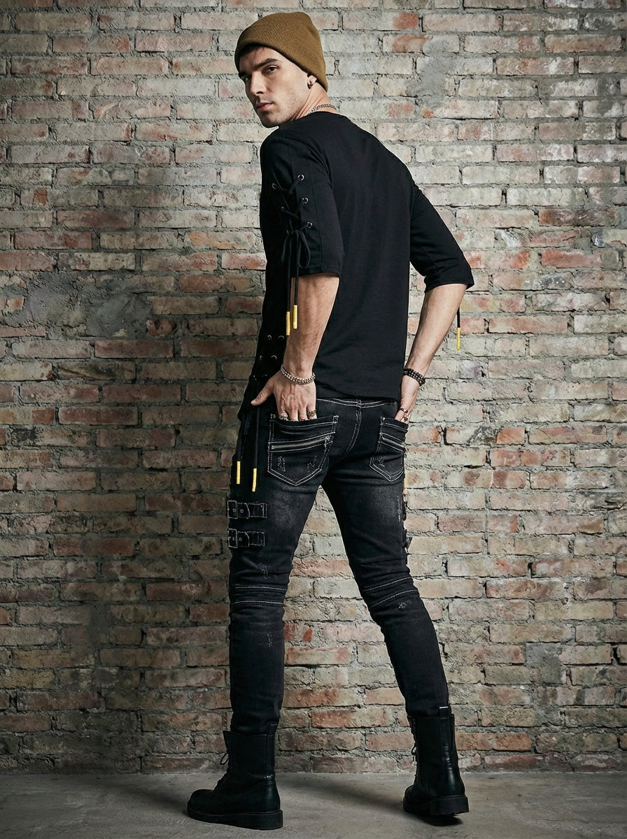 The Rebel Noir Set — Lace-Up Tee & Distressed Jeans