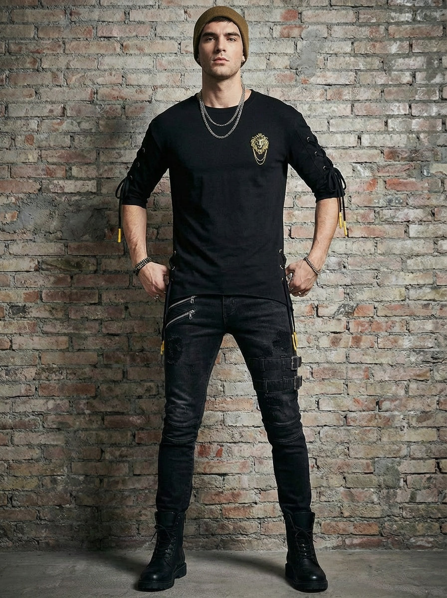 The Rebel Noir Set — Lace-Up Tee & Distressed Jeans