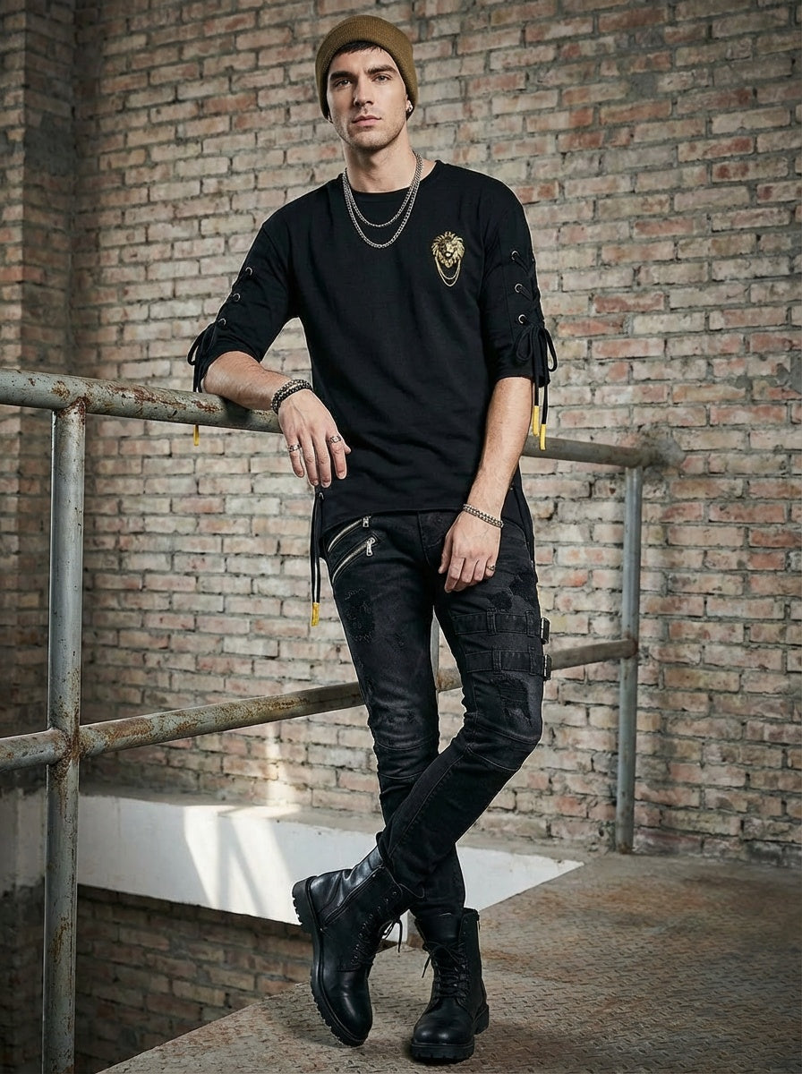 The Rebel Noir Set — Lace-Up Tee & Distressed Jeans