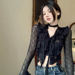 Midnight Ruffle Cascade Blouse- Y2k Crop Top Women Lace Blouses  Sexy Gothic Grunge Female Shirts Elegant Black Transparent Cardigan Korean Streetwear