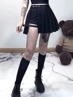 Nocturne Belted Pleat Shorts Skirt - AltGoth Punk Mall Goth Women Y2k E-girl Streetwear Harajuku Leg Ring Buckle Detachable High Waist Emo Alt Clubwear