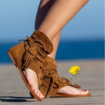 Vintage Gladiator Tassel Sandals - Retro Gladiator Clip Toe Boots Tassel Rome Style Summer Shoes Women's Sandalias,